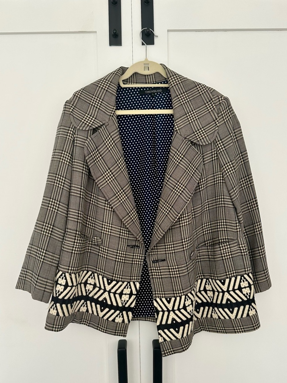 Timo Weiland Black and Cream Plaid Swing Blazer with Cream Tribal Hem